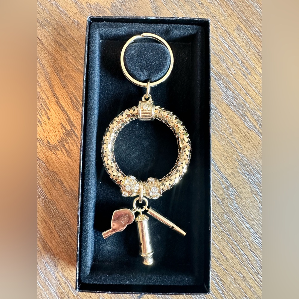 VTG Whiting and Davis Gold Key Ring with 3 Whistles & box .